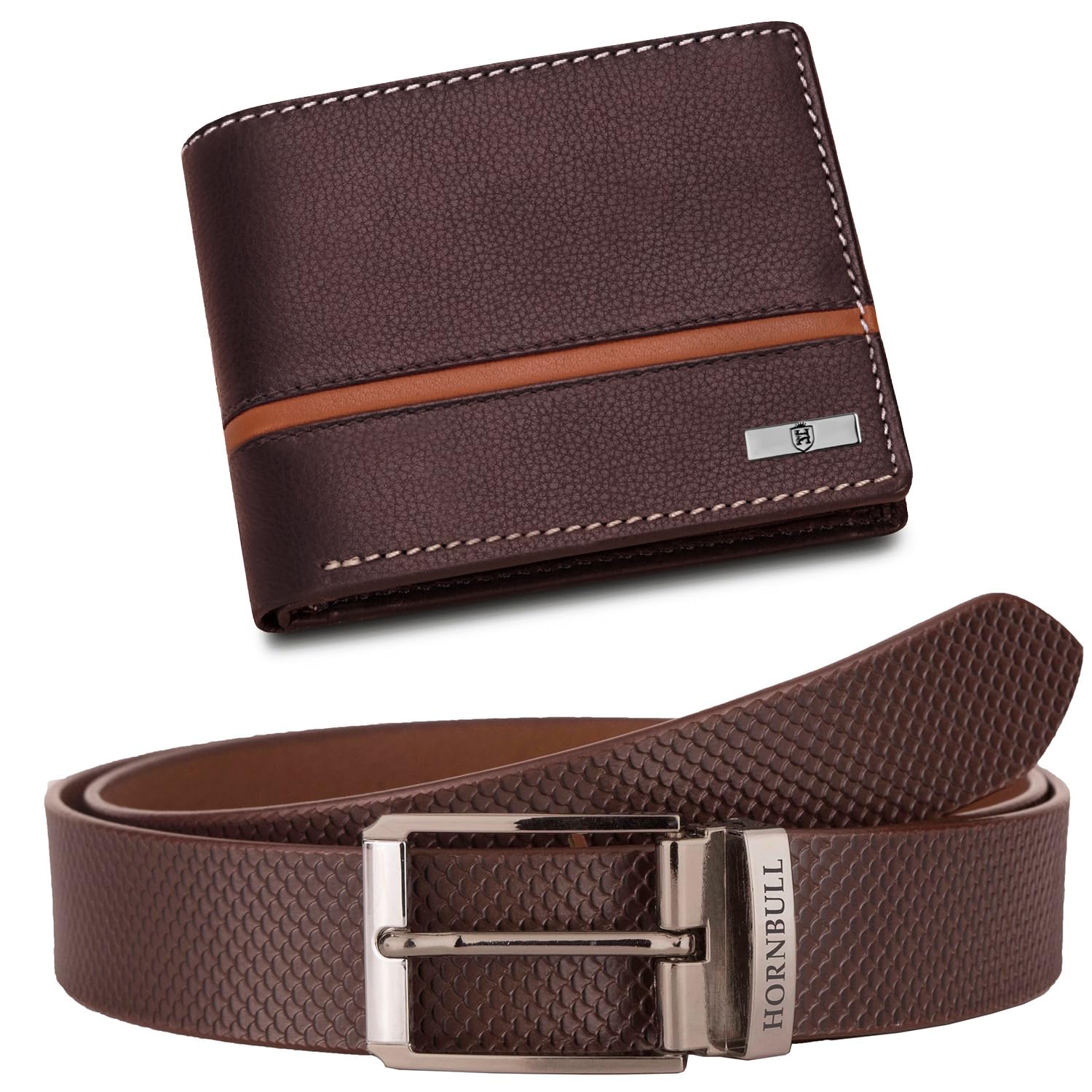 HORNBULL Denial Leather Combo Gift Hamper | RFID Brown Wallet with Belt Set | Mens Combo (BW69151)