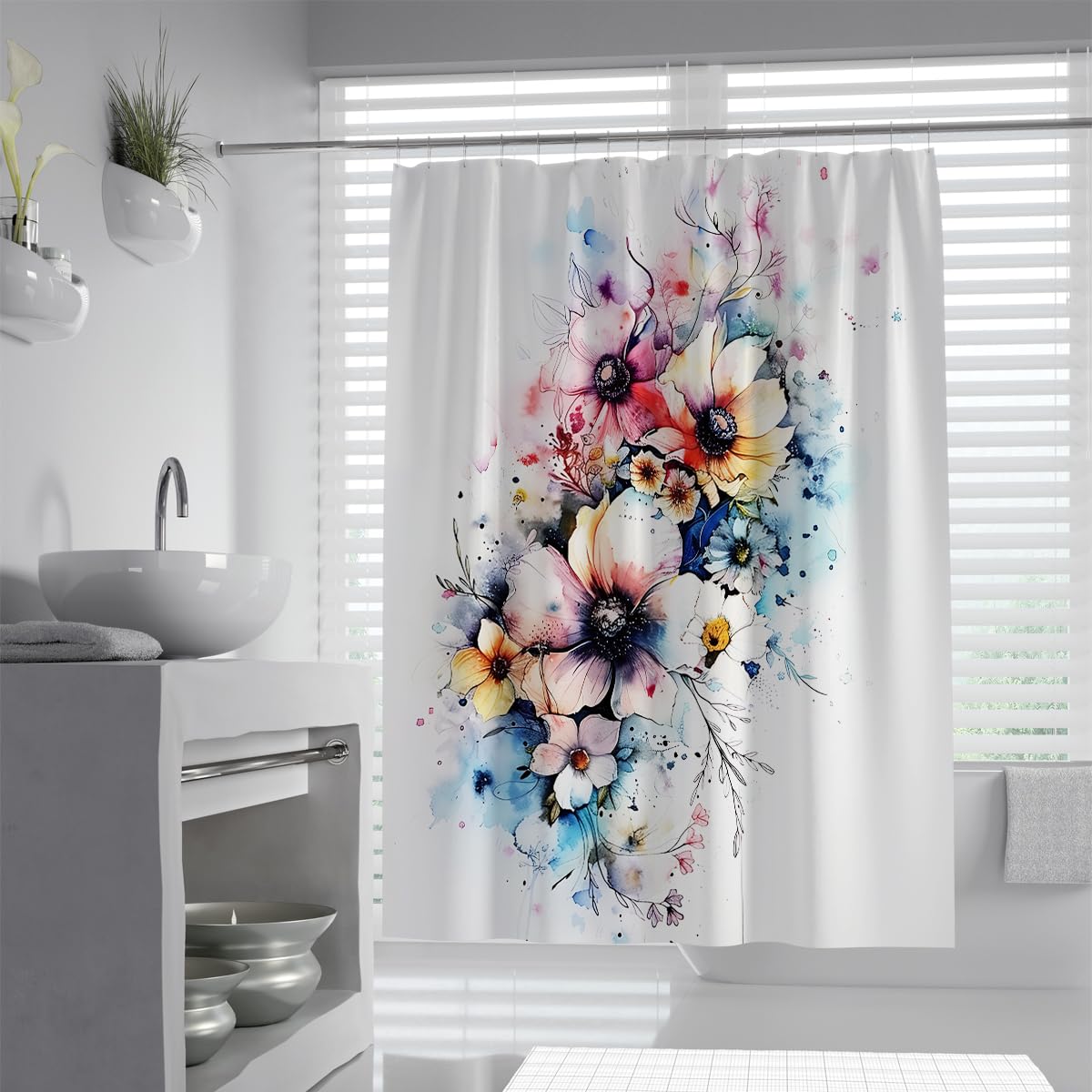 UIRINGART Wildflower Bouquet Bath Screen Curtain W200xL200cm Elegant Pastel Floral Waterproof Quick Dry Polyester Fabric Machine Washable Shower Curtain