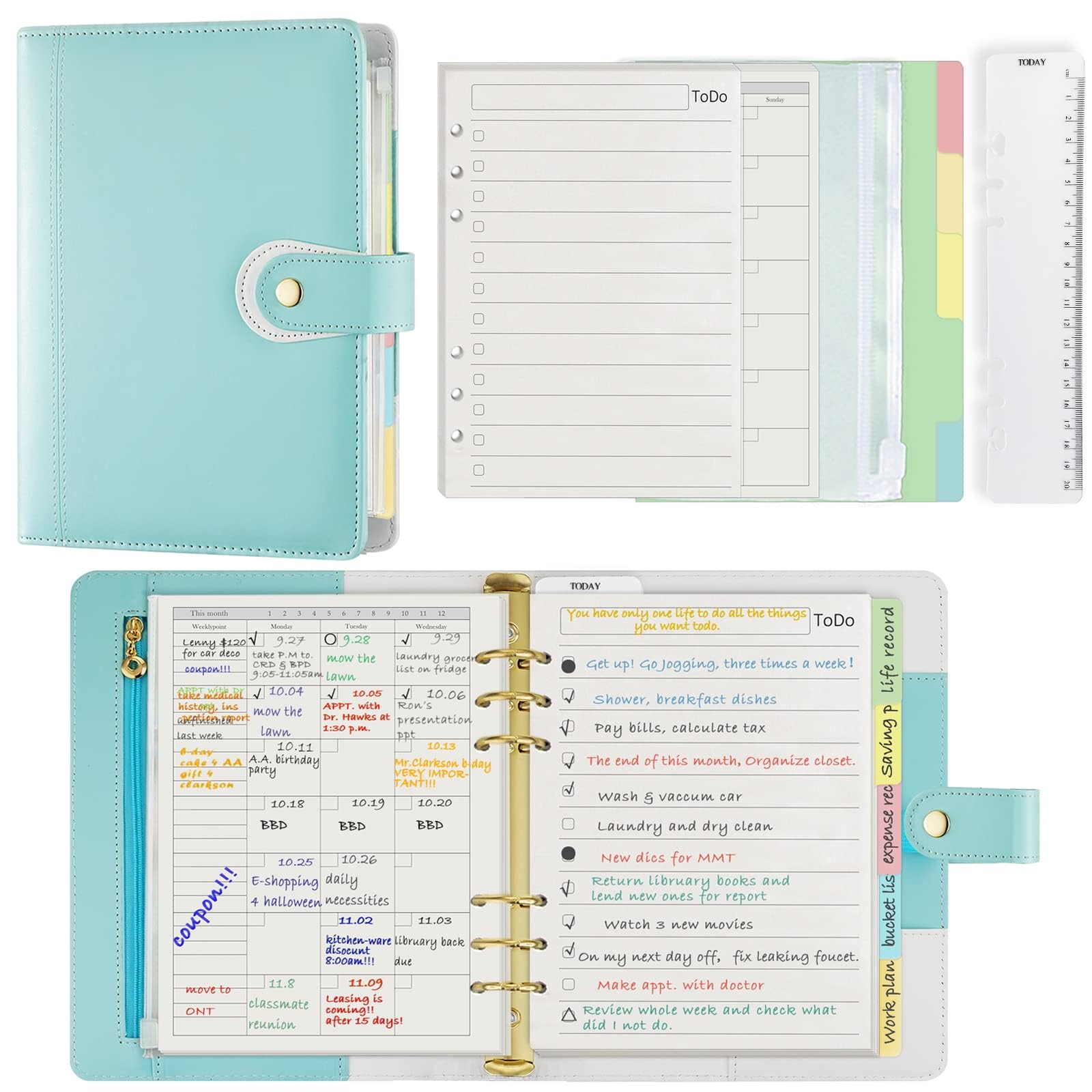 Harphia A5 Planner & Appointment Diary Kit with To-Do List Monthly Plan Refill Inserts, Cash Pocket, Divider Set, and Separator Ruler, Undated Weekly/Monthly Plan