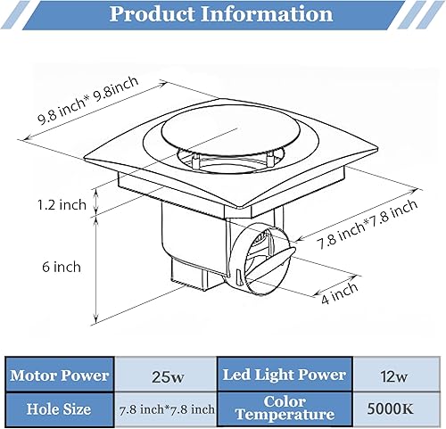 Miniatura 2 de Extractor de baño silencioso de 9.8 pulgadas con ventilador de baño ligero con luz Combo 1.0 Sone 110CFM, ideal para baño, ducha, inodoro