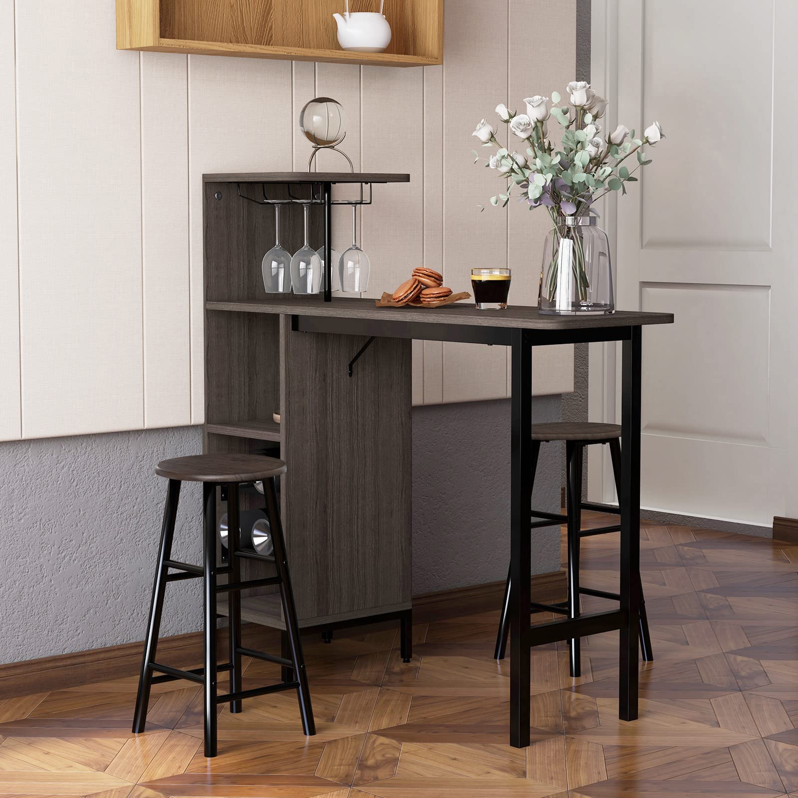GIANTEX Ensemble de Bar 3 Pièces - Table Basse et Tabourets de Bar, Table de Petit-Déjeuner, Bistrot Carrée 120 x 40 x 90 cm (Marron)