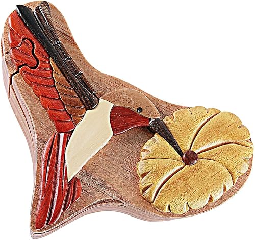 Hummingbird & Flower - Caja de rompecabezas de Intarsia de madera natural, hecha a mano con compartimento secreto
