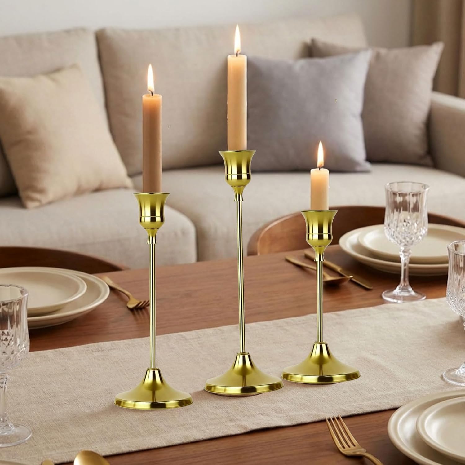 10 Sets Candle Holder Brass Metal Candlestick Holders - HearthLume Vintage Modern Metal Taper Candle Holders, Decorative Centerpiece for Table Mantel, Wedding Kitchen Home Decor, Wedding Gift,30Pcs