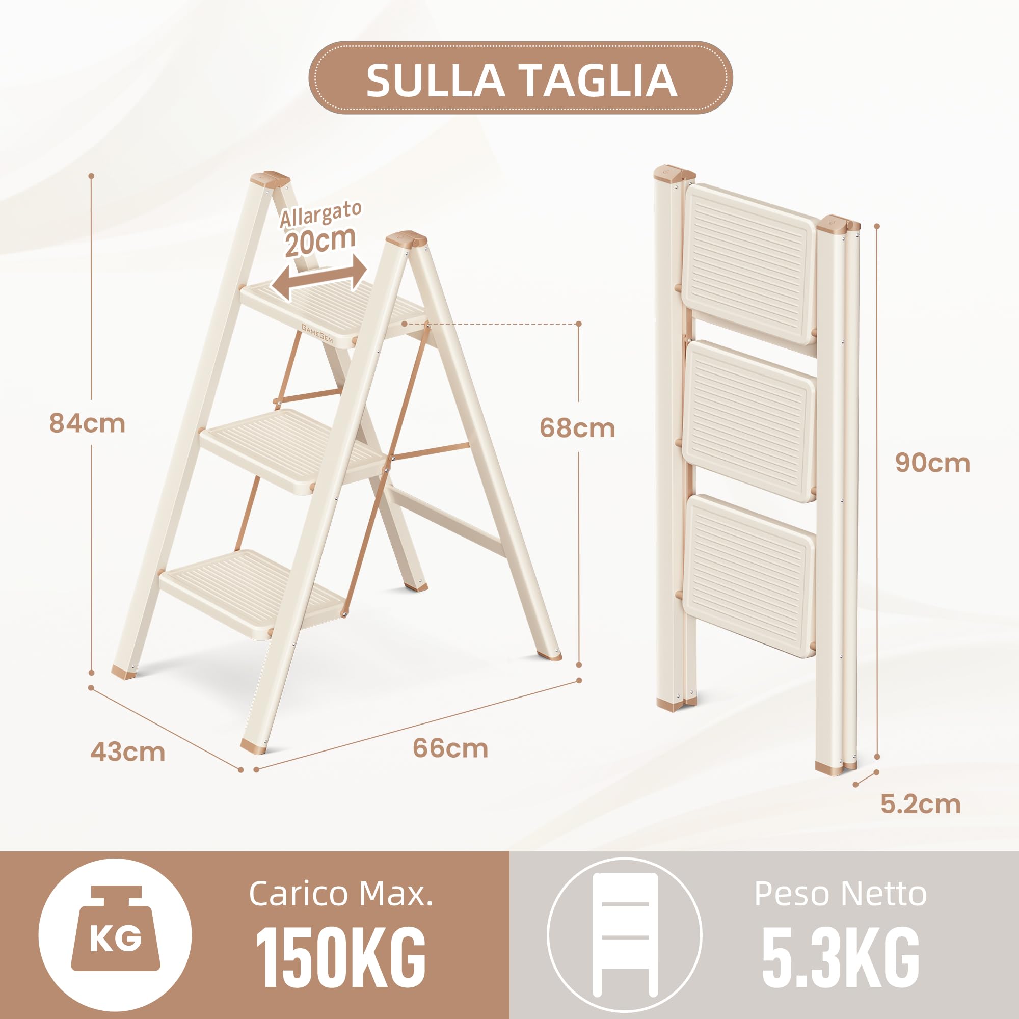 Scaletta a 3 Gradini per Adulti, Scala Pieghevole con Base Sicura, Pedane Allargate, Design Estetico che si Integra Perfettamente negli Interni Domestici