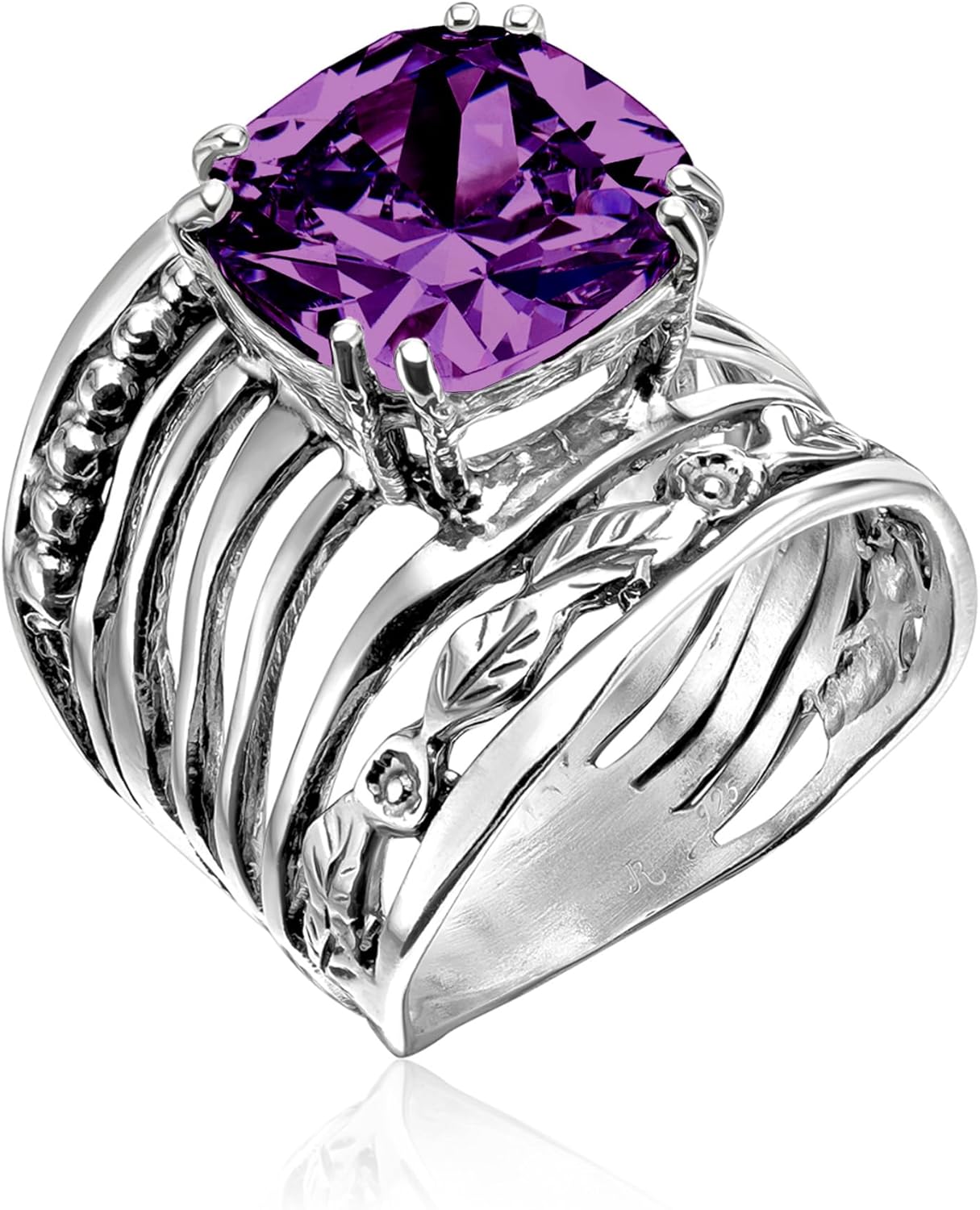 JEAN RACHEL JEWELRY 925 Sterling Silver Ring with 12mm Cushion Shaped Cubic Zirconia Vintage Design - Hypoallergenic, Lead & Nickel Free - Artisan Handcrafted Statement Rings for Women