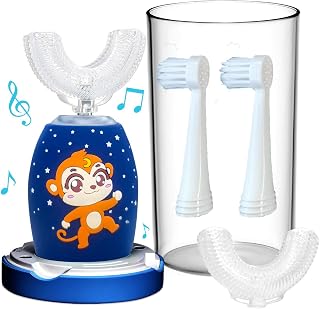 Kids Musical U Shaped Toothbrush, Ultrasonic Electric Toothbrushes for Kids 2 Brushing Modes and 1 Gums Care 360° Sonic Toothbrushes for Child 4 Brushheads (2 U Shaped + Two Normal)