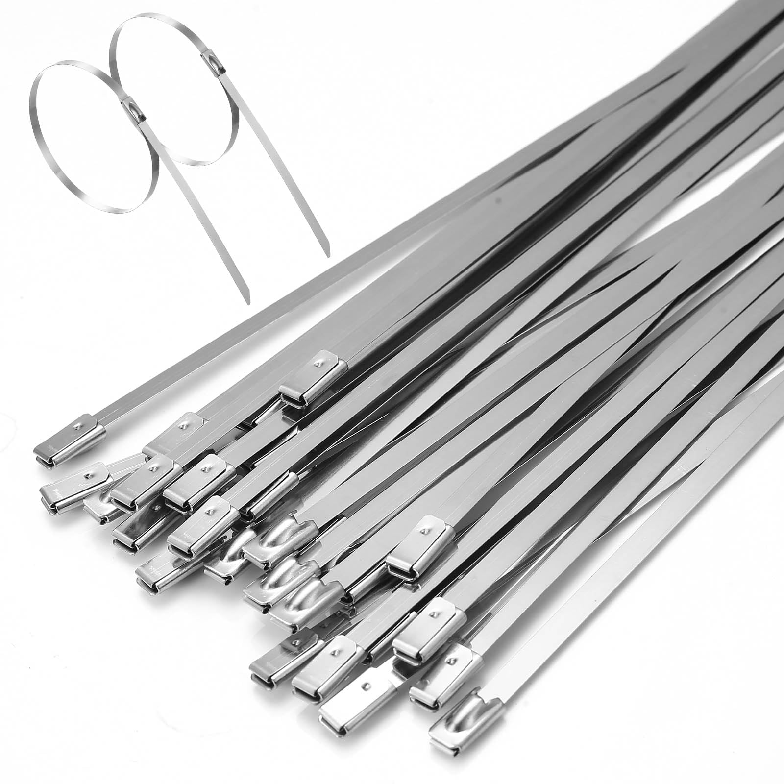 100 Pcs 304 Stainless Steel Cable Ties, 4.6 x 300mm Metal Cable Ties Heavy Duty Zip Tiess, Metal Tie Wraps with Steel Ball Stopper for Indoor Outdoor Fence Exhaust Wrapping Binding Requirements