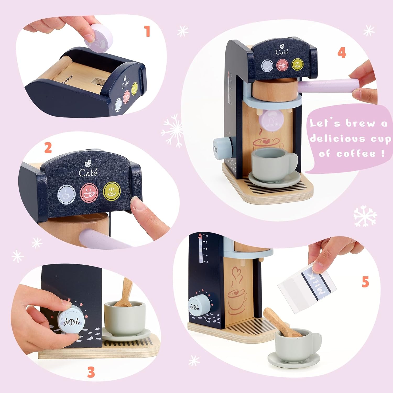 PairPear Wooden Coffee Maker Playset,13 Pcs Polar Espresso Machine with Play Food for Kids, Wooden Toys Pretend Play Kitchen Accessories Gift for Girls and Boys 3+