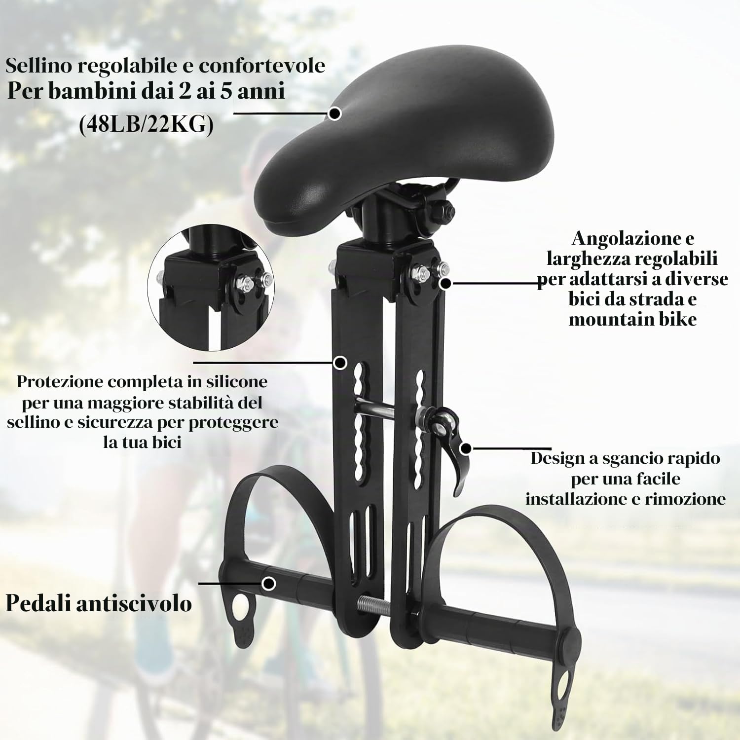 Gekufa Seggiolino Anteriore Bici per Bambini, Seggiolini Bici Anteriore con Manubrio e Pedali Compatibile con Mountain Bike, Rimovibile, Seggiolino Bici per Bambini di 2 e 5 Anni (Fino a 21KG) | Seggiolino per mountain bike anteriore rimovibile, per bambi
