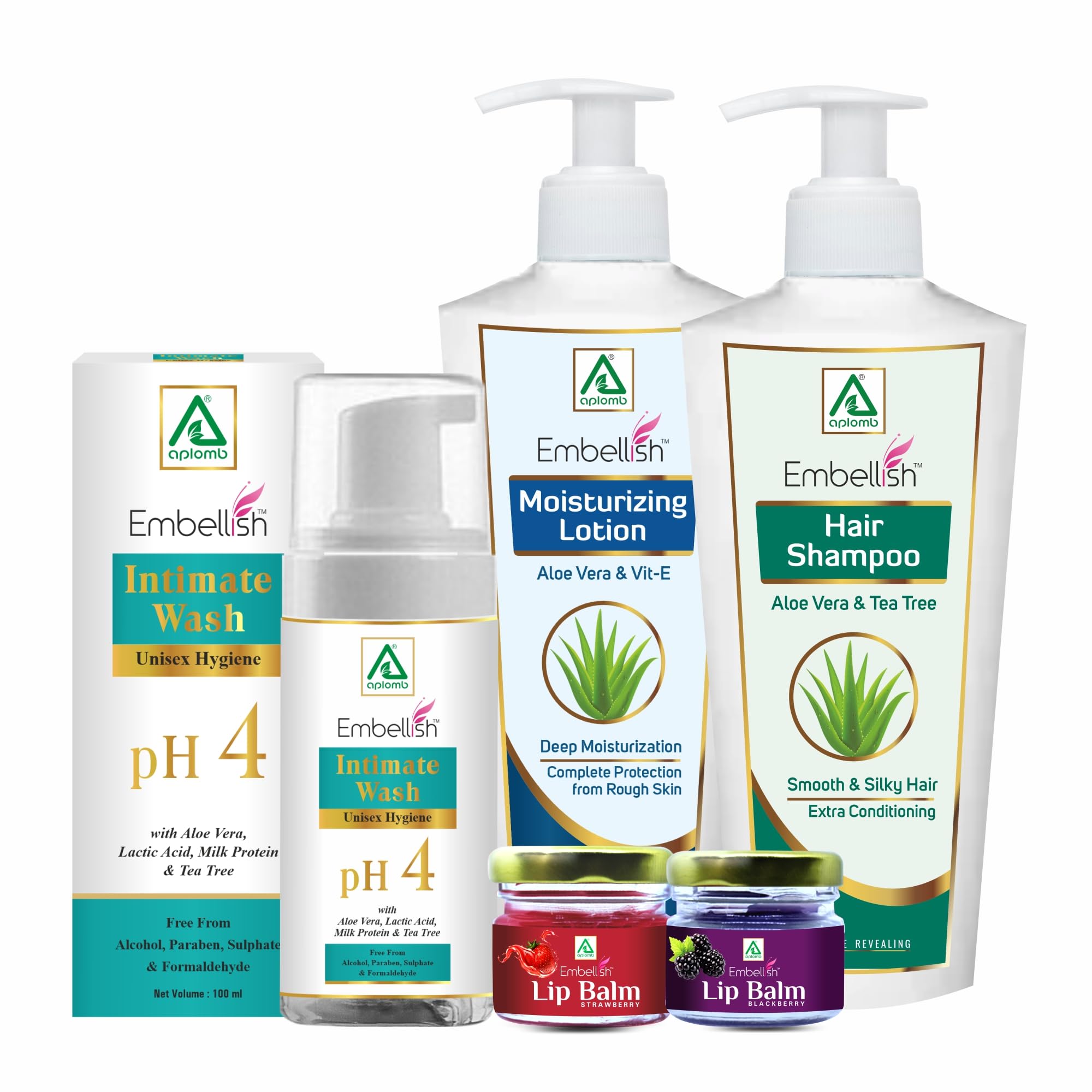 Aplomb Embellish Winter Bathing & Body Care Essential Kit Combo Pack (Intimate Wash, Hair Shampoo, Moisturising & Nourishing Body Lotion, Strawberry Lip Balm, Blackberry Lip Balm)-image-48