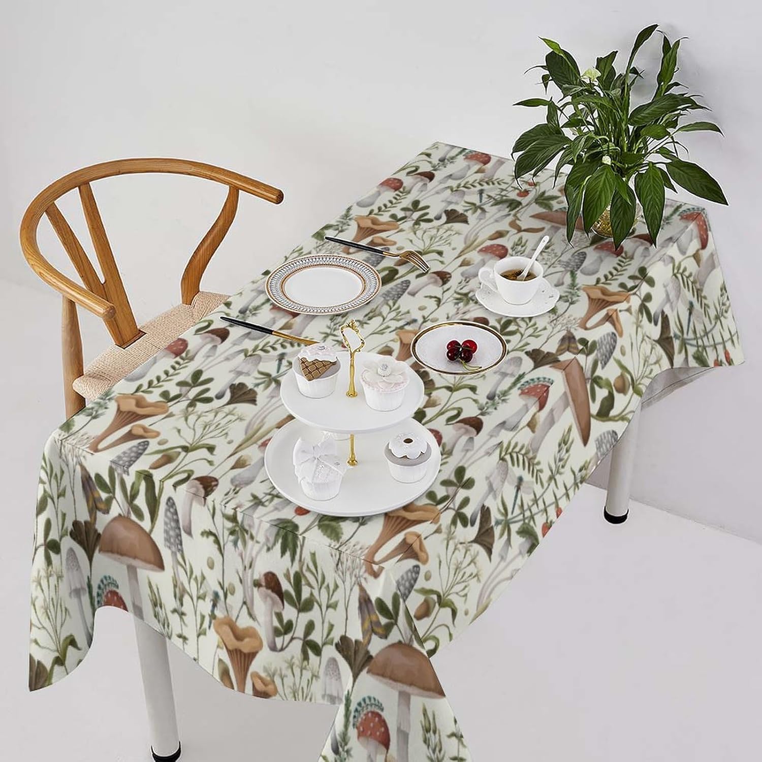 Boho Mushroom Tablecloth, Bohemia Woodland Nature Plant Art Printed Print Stain Washable Table Resistant for Kitchen Dinning Outdoor Picnic Party Rectangle 60x90in