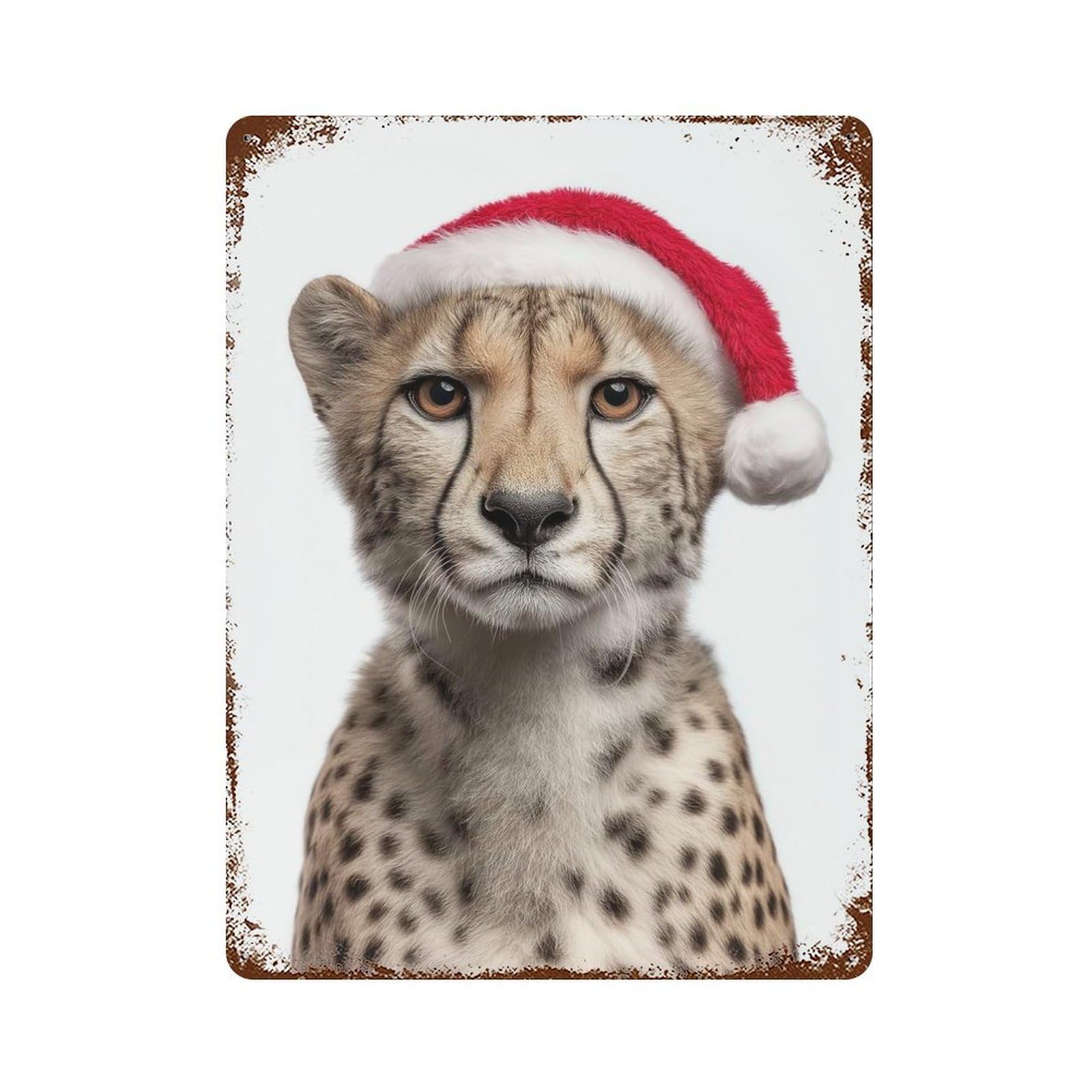 Cheetah Cub with Christmas Santa Hat Vintage Wall Sign 15.7"x11.8", Rust Effect Metal Decor for Cafe, Home Bar And Lounge Decor