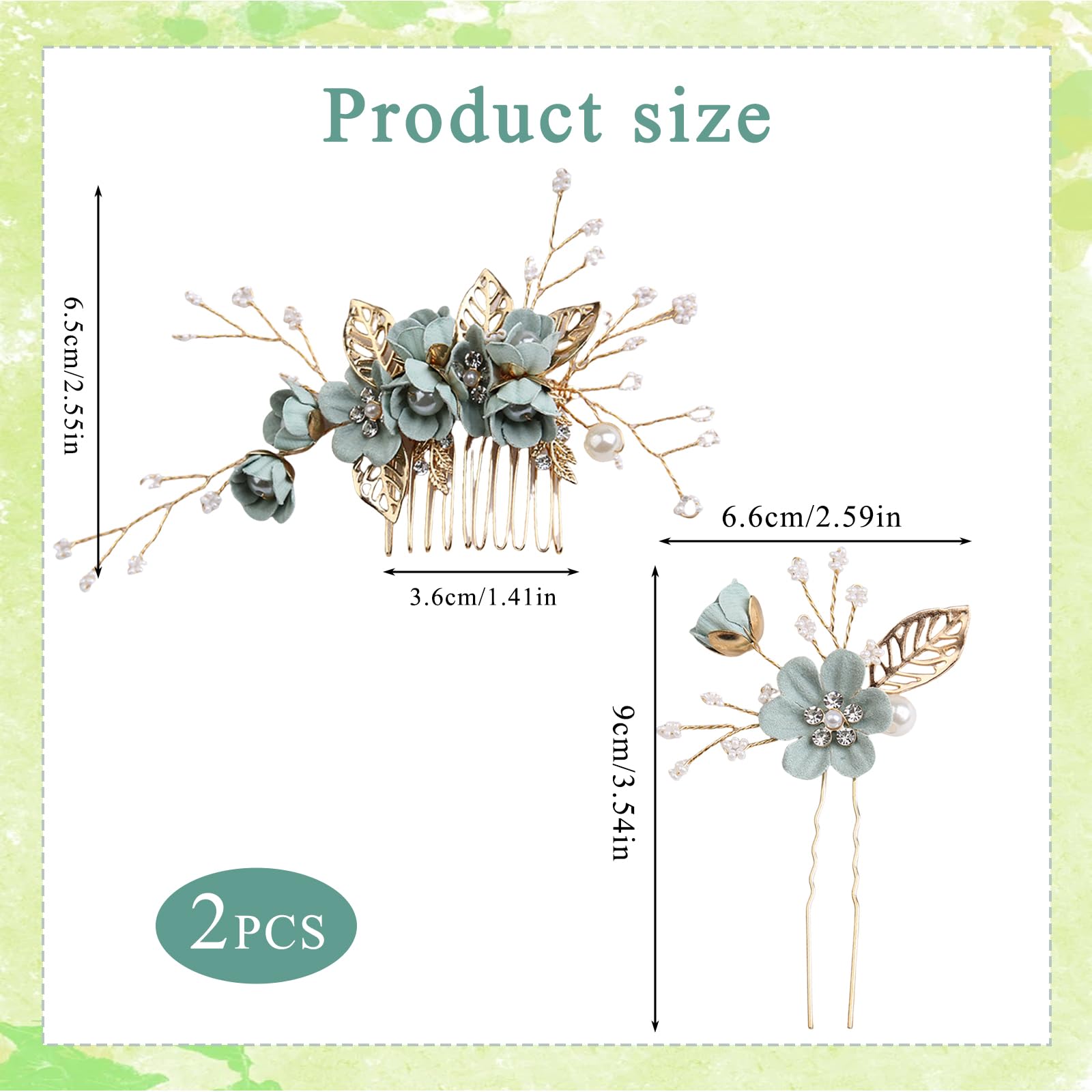 MUNSKT 2 PCS Green Hair Comb Pearl Crystal And Hair Clip Bridal Hair Accessories Flower Fascinator Headpieces Flower Hair Pins For Women Wedding Pearl Hair Pieces Hair Comb for Brides Bridesmaid Girl - Image 2