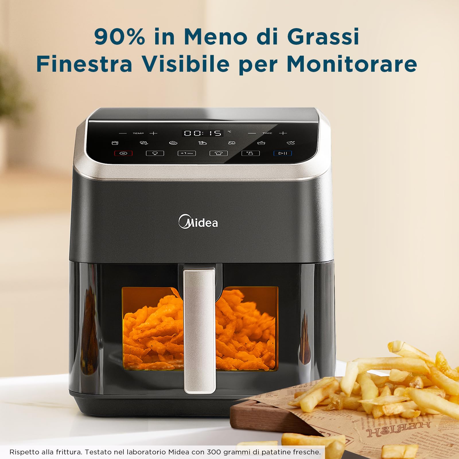 Midea Friggitrice Ad Aria 5L Cestello Vetro Trasparente e Luce, Tecnologia HeatXpress, 90% Meno Olio, 10 Programmi Di Cottura, Air Fryer Risparmio Energetico e Tempo, Fino a 3-5 Persone