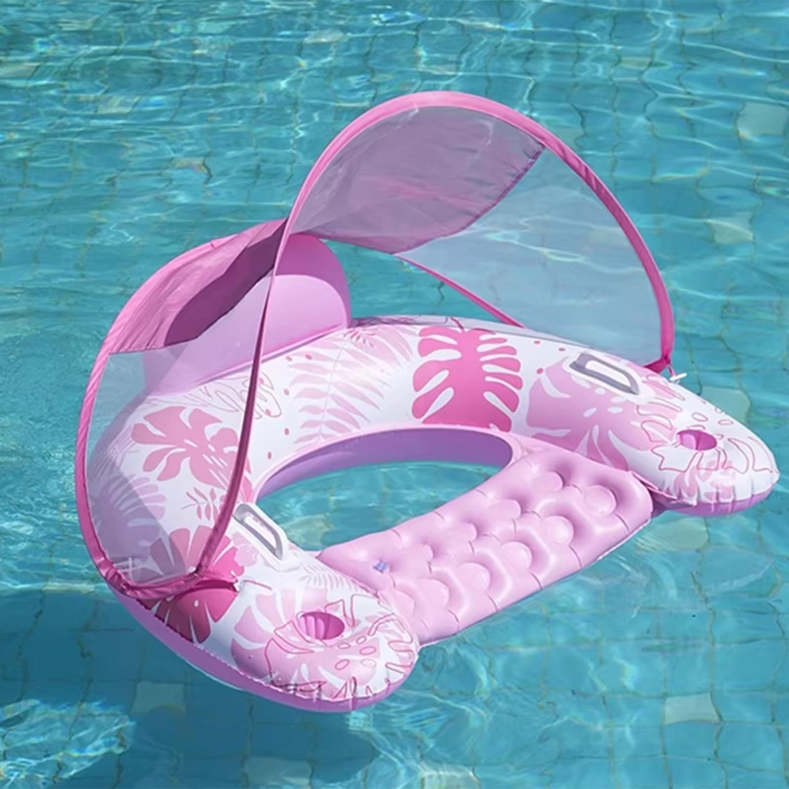 Schwimmnudel Schwimmender Poolstuhl Mit Sonnenschirm, Aufblasbare Liegen Für Erwachsene, Poolschwimmer, Schwimmende Poolliegen Für Erwachsene Mit Getränkehaltern(Pink)
