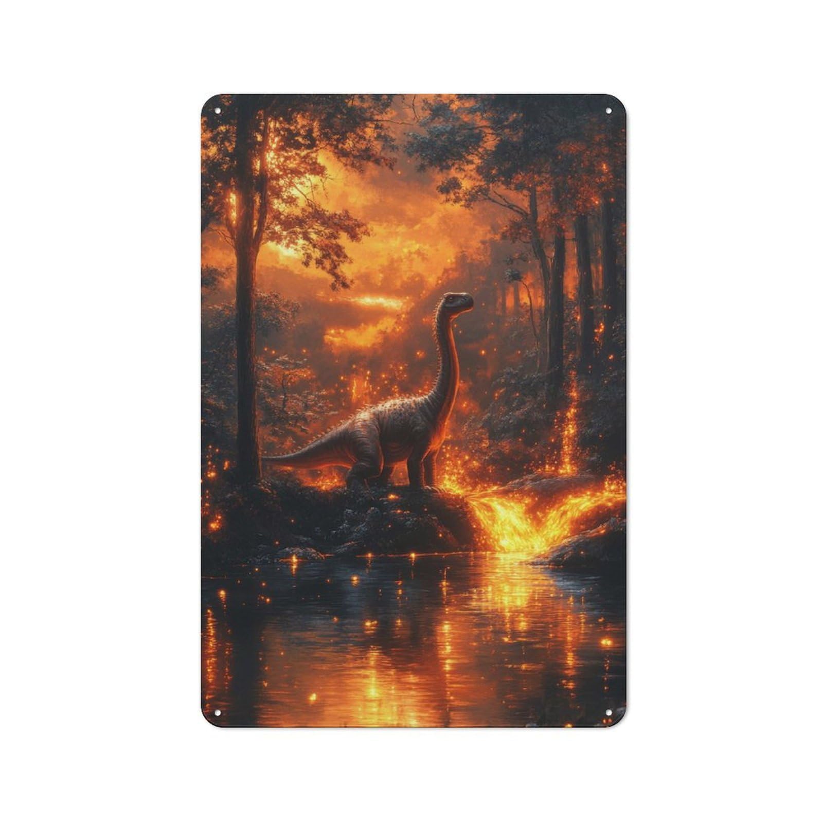 Junmoney Dinosaur In Fire Forest Vintage Tin Sign 30X20cm With For Hobby Room Or Studio, For Metal Sign Collectors, For Garage And Workshop Walls