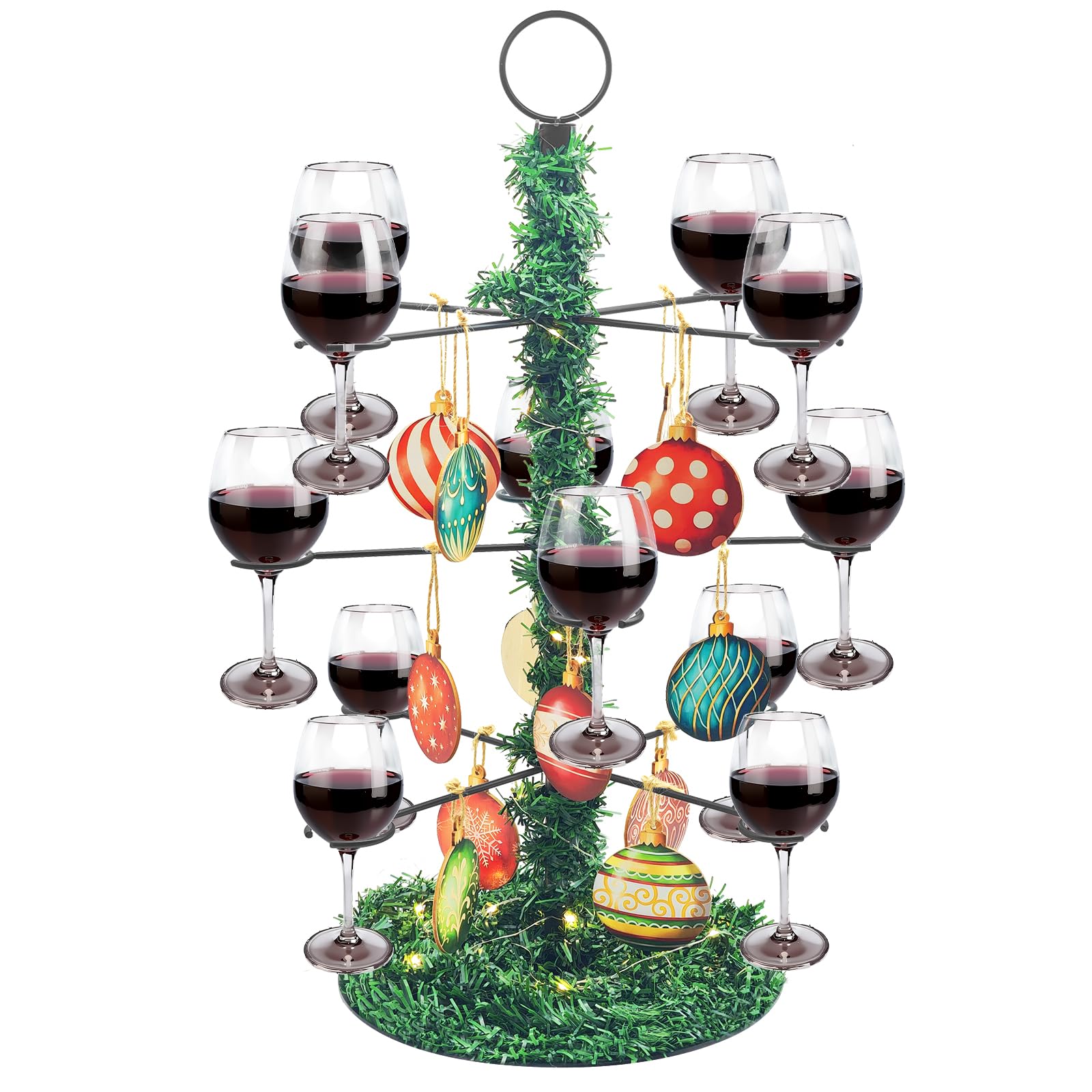 Christmas Metal Cocktail Tree Stand, 3 Tier Lighted Tree Drink Holder with 12Pcs Wooden Christmas Ornaments, 12 Holders Tree Tower Stand for Champagne