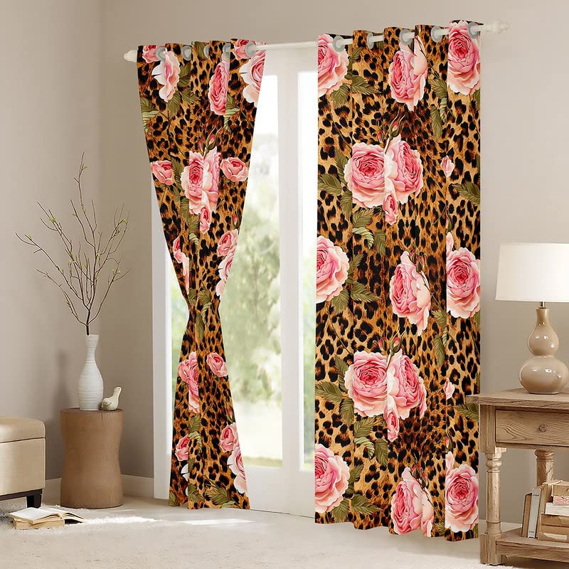 Brown Leopard Print Window Curtains,Cheetah Skin Texture Window Drapes for Kids Teens Boys Girls,Floral Wild Animals Pink Romantic Window Treatments Grommet Top 2 Panel Set Curtains, 52Wx96L inch