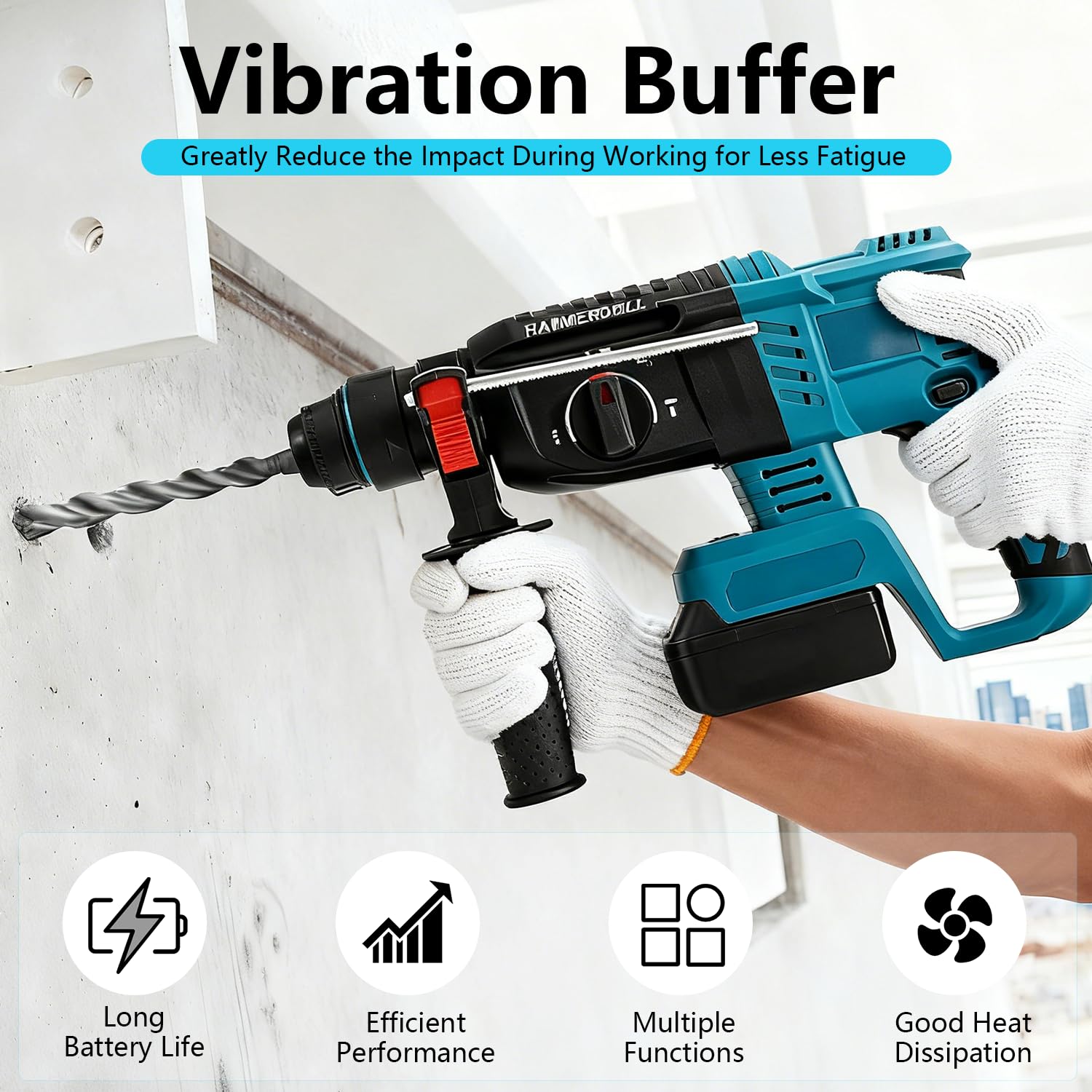 Bohrhammer für Makita Akku 18V, 3-in-1 Bürstenloser Schlagbohrmaschine mit 7 Stück Bohrer, Handschuhe, 3 Betriebsarten, Anti-Vibrationsgriff und Sicherheitskupplung (ohne Akkus und Ladegerät)