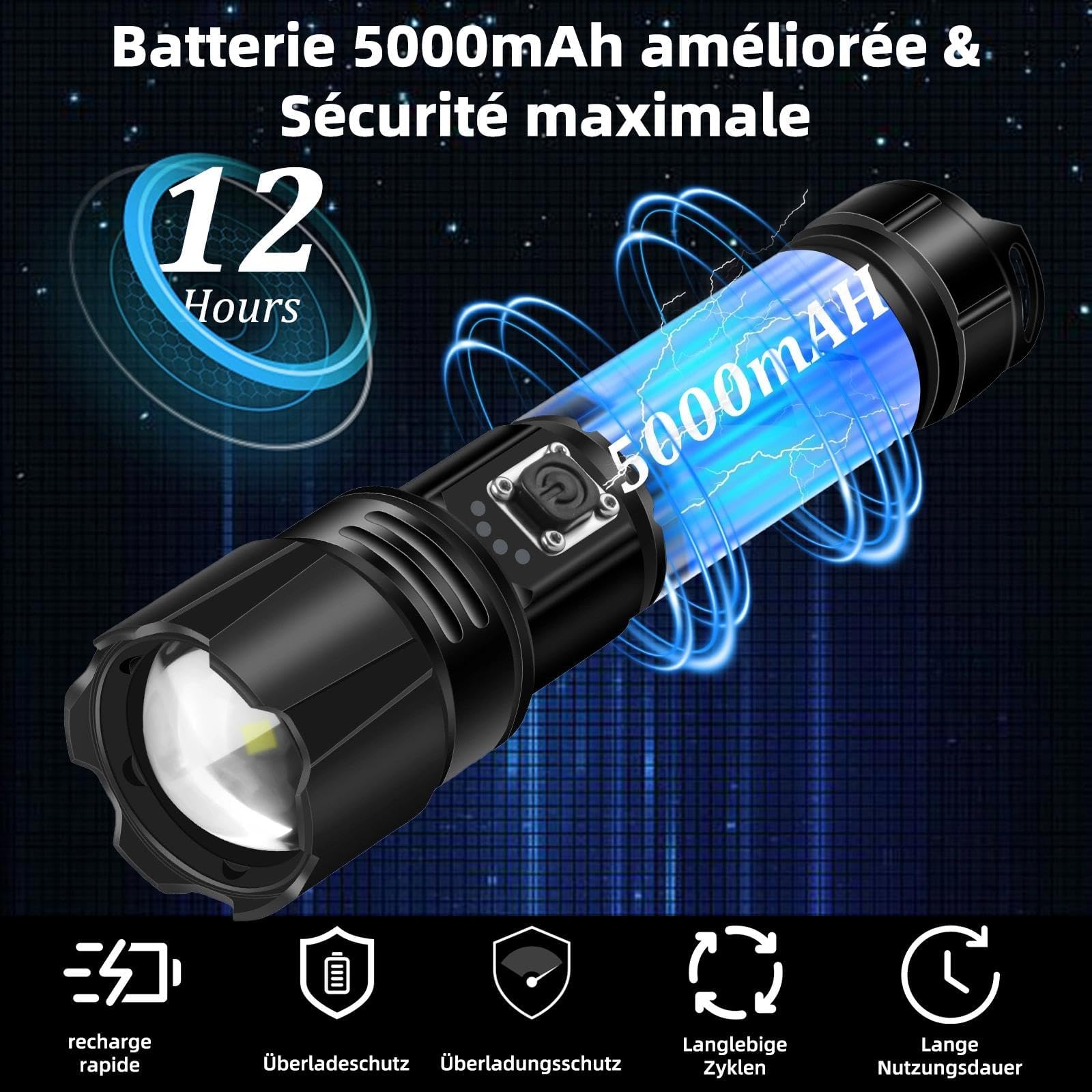 Lampe de poche LED Rechargeable, Extrêmement Lumineux 500000