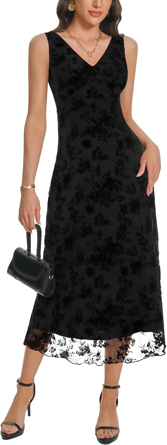 Women's Sexy V Neck Sleeveless Mesh Maxi Dresses Summer Casual Elegant Long Floral Dress Wedding Guest Cocktail Party - Image 4