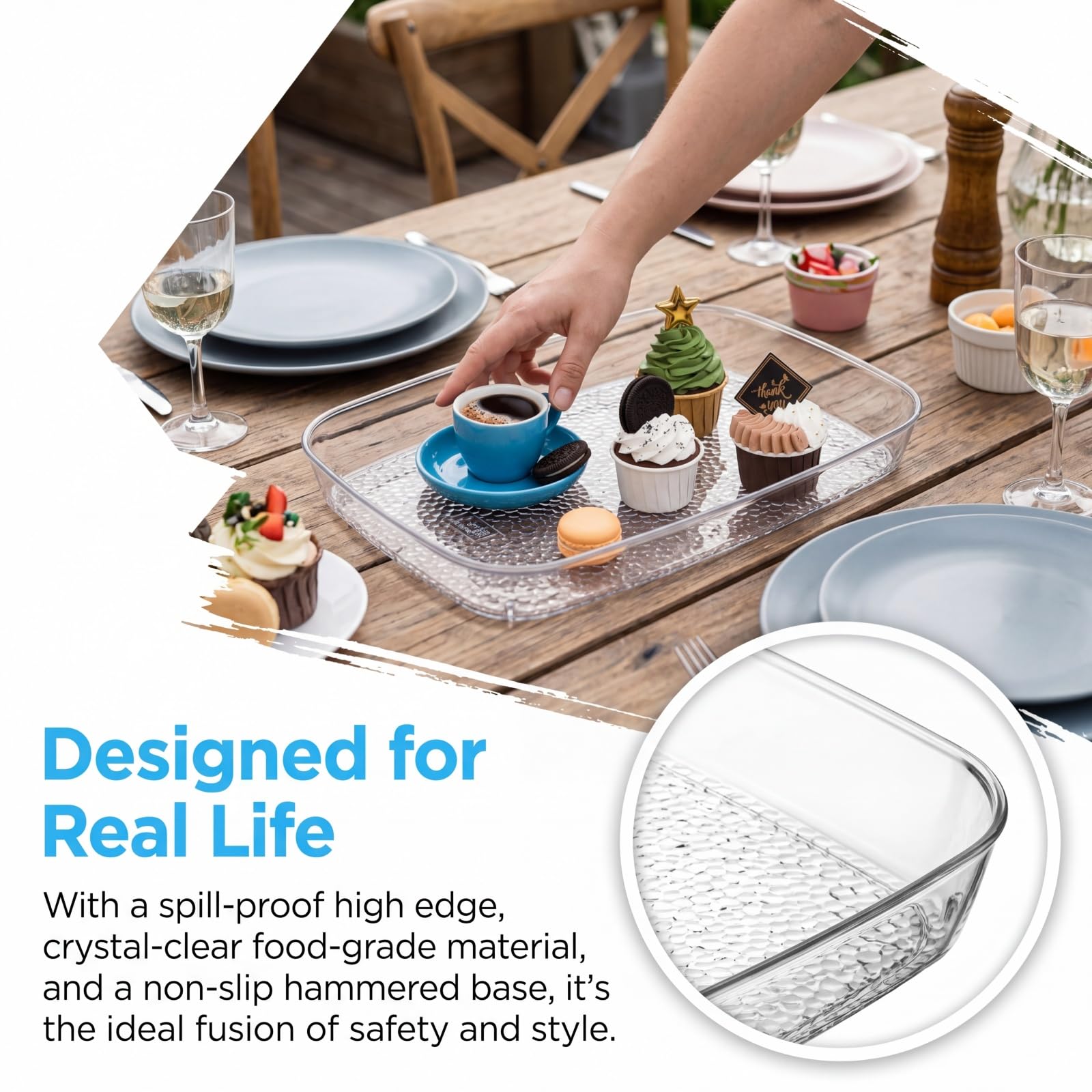 Lyellfe Paquete de 4 bandejas transparentes para servir, 15 x 10 pulgadas de profundidad, a prueba de derrames, mesa de café decorativa, bandeja de perfume para baño, mesa de comedor, armario de