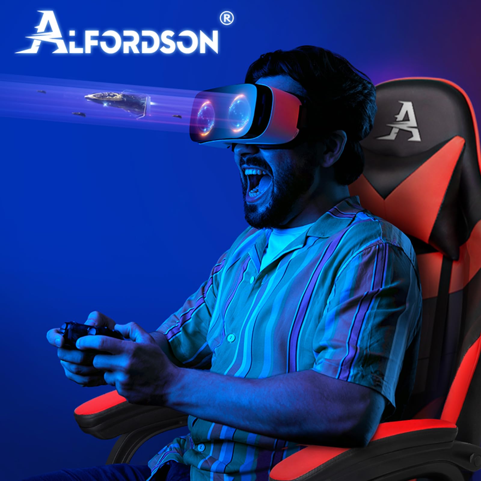 ALFORDSON Silla Gaming Escritorio con Masajeador, Silla Gamer Ergonómica Cojín Lumbar y Cervical, Reposapiés Retráctil, Ruedas Giratorias 360°, para Oficina, Videojuego, Ordenador, Cuero PU(Roja)