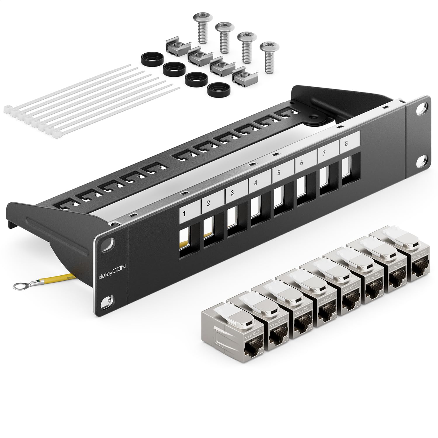 deleyCON 8 Port CAT 7 Pannello Patch Modulare 1 HE + 8x Accoppiatore RJ45 (Presa a Presa) Modulo Keystone CAT 7 - Montaggio Rack 10" Server Compatibile con CAT5 CAT6 CAT7 CAT8 Patchkabel Nero