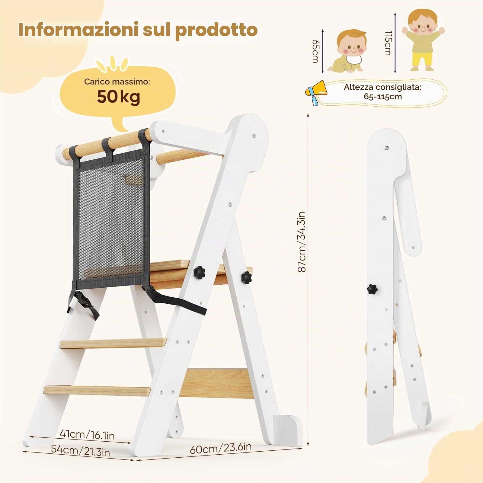 Torre di Apprendimento Pieghevole per Bambini con borsa a rete,2 Altezze Regolabili,Torre Montessoriana di Apprendimento da 1 a 6 Anni per Bambini Montessori Learning