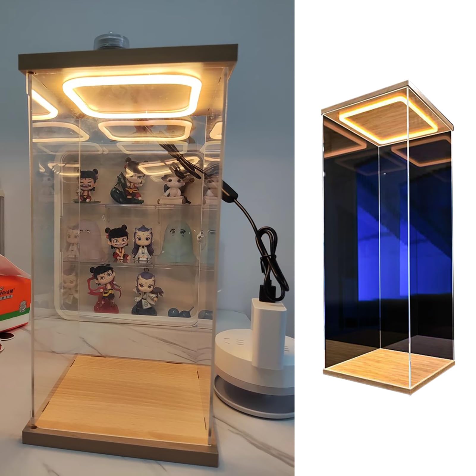 Vitrine Hohe Schmale Acrylvitrine mit Led, Klare Acrylvitrine für Sammlerstücke, Miniaturfiguren/Modellautos Staubdichte Kunststoffbox(40x40x20cm(16"x16"x8"))