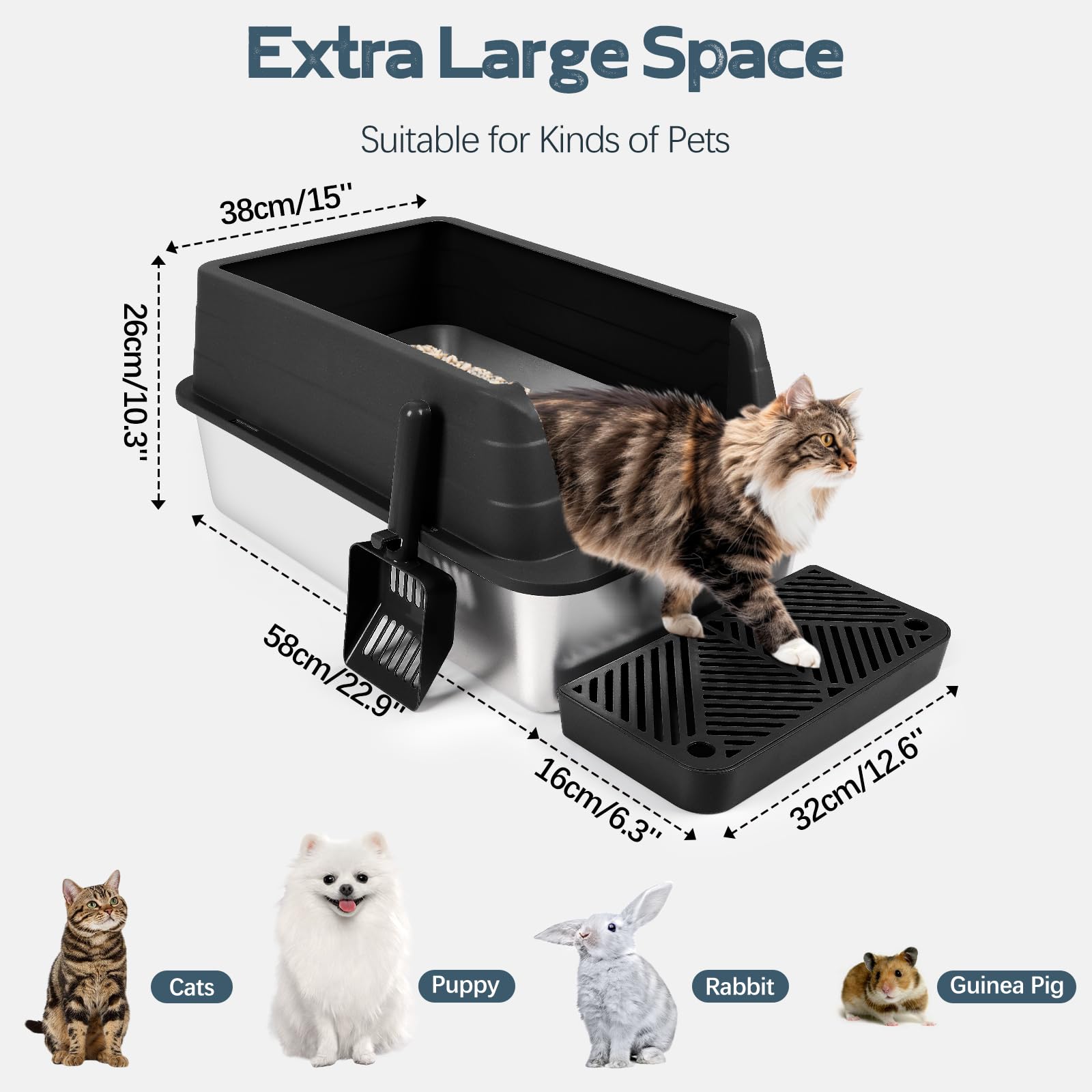 3 Pack Edelstahl Katzenklo, XL 22.9'' x 15'' x 10.3'' High Sided Metall Katzentoilette mit Schaufel, Filter Pedal für Anti-Splash, Nicht klebrig, leicht zu reinigen (Schwarz)