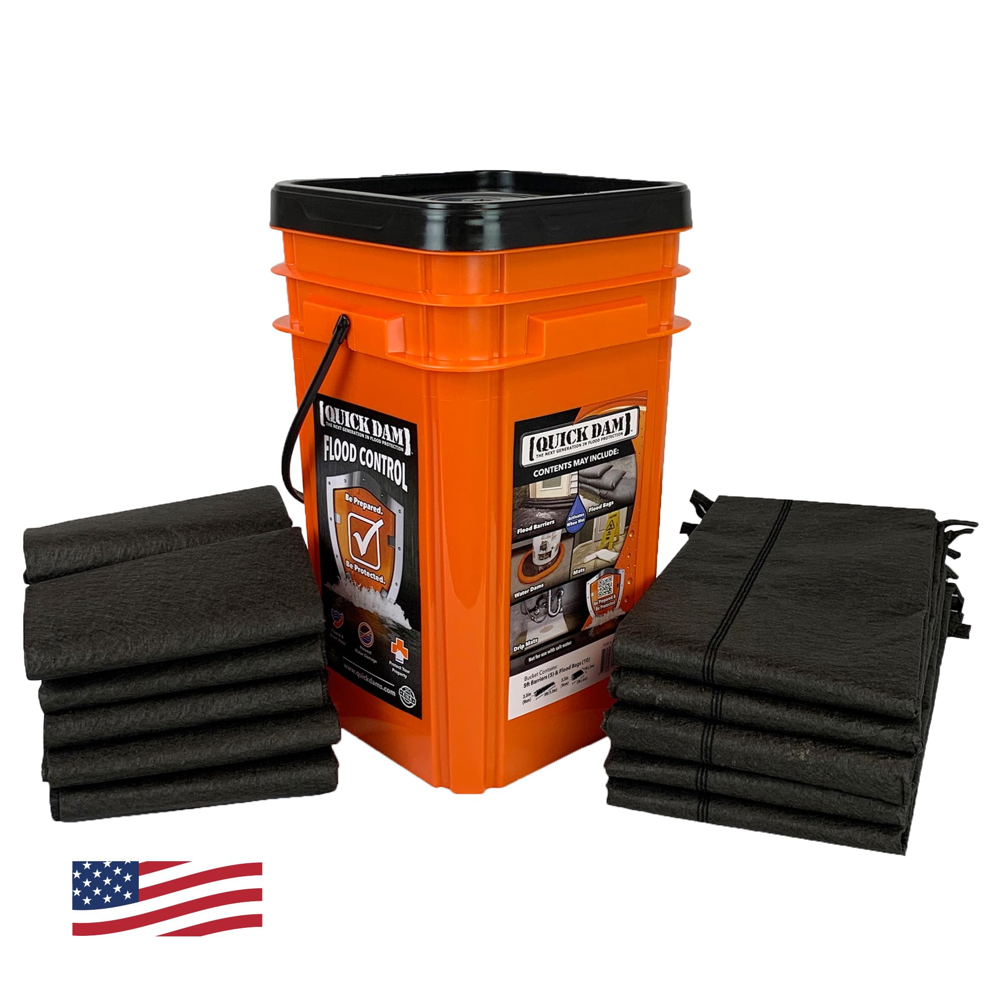 Quick Dam Grab & Go Flood Kit – 5x 5ft Barriers & 10x 2ft Bags – 50ft Total Coverage – Water-Activated Flood Protection with Hi-Vis Orange Storage Bucket