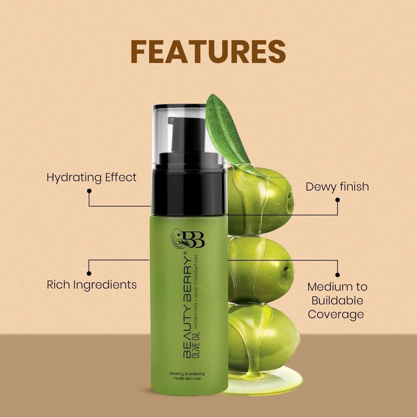 PREMIUM Olive Oil Hydrating Liquid Foundation for Dry Skin | Dewy Finish | Lightweight & Long-Lasting Coverage | 30m l SH-7711-BB