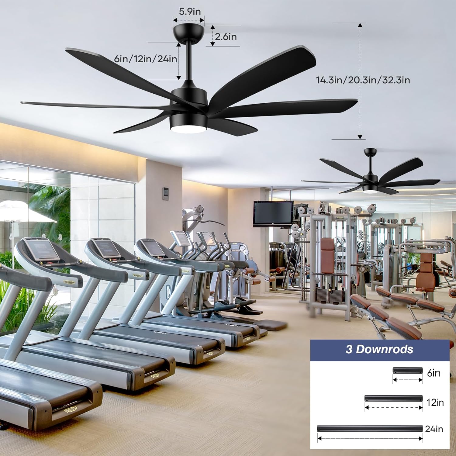 64 Inch Large Black Ceiling Fan with Lights, Outdoor Ceiling fans with Light, High CFM 6-Blades Quiet Reversible DC Motor Ceiling Fan for Living Room Patios Farmhouse Damp Rated