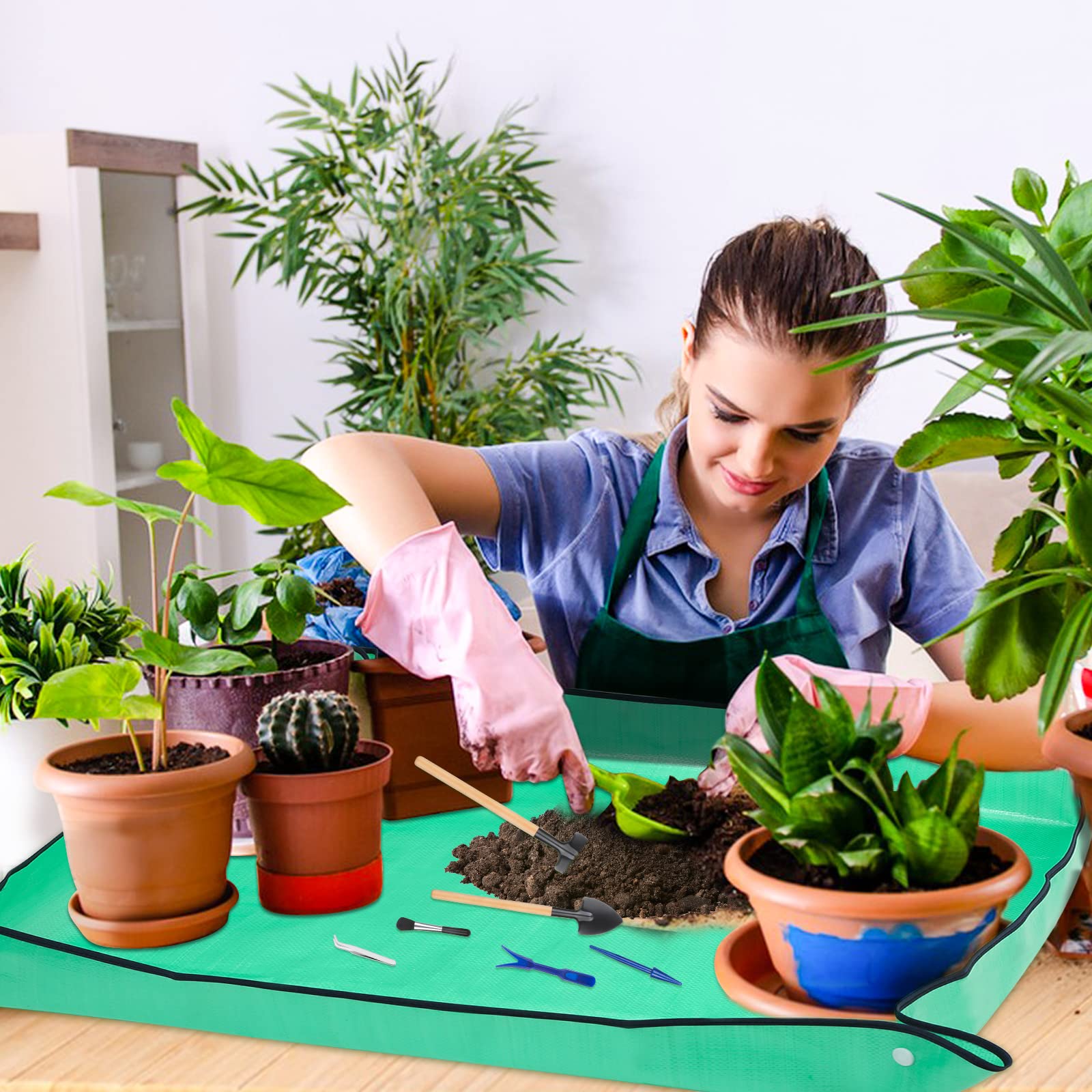 Pflanzen-Umtopfmatte für Garten, 2 Stück, wasserdichte Blumenmatte, faltbare Pflanzenmatte, Blumentablett mit 6 Mini-Gartenwerkzeug-Set für Pflanzenliebhaber, Gartenarbeit