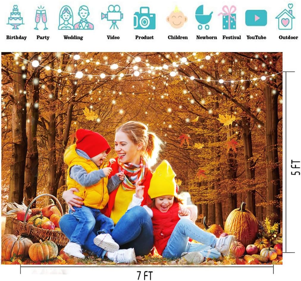 7x5ft Fall Photography Backdrop Autumn Maple Forest Leaves Pumpkin Party Background Thanksgiving Party Supplies Farm Harvest Event Banner Thanksgiving Photo Booth Props image 5