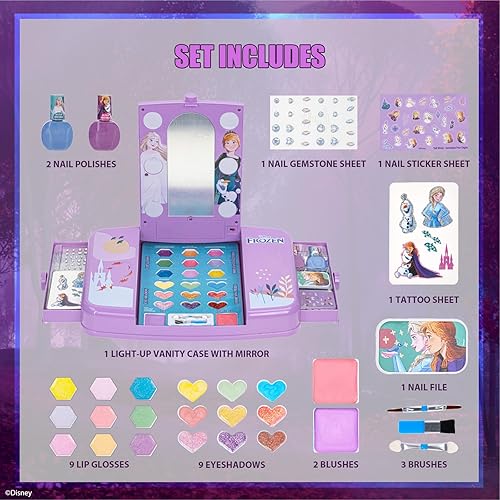 Miniatura 2 de Disney Frozen Beauty - Juego de tocador con espejo iluminado, incluye brillo de labios, sombra de ojos, rubor, cepillos, esmaltes de uñas,
