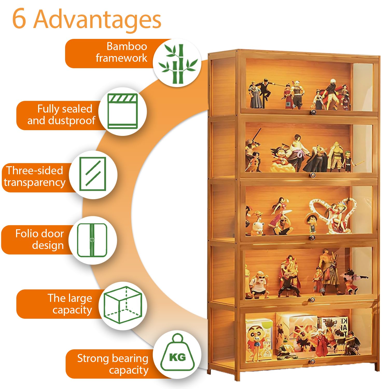 Standvitrine mit Acrylglas, 5 Böden Glas Vitrinenschrank, Dreiseitiger Transparenter Geschirrschrank, Bücherschrank mit Türen, für Wohnzimmer,Schlafzimmer,Büro (braune Klappe)