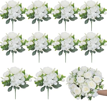 10 Bundles Artificial Peonies, Milky White Hydrangea Artificial Flowers