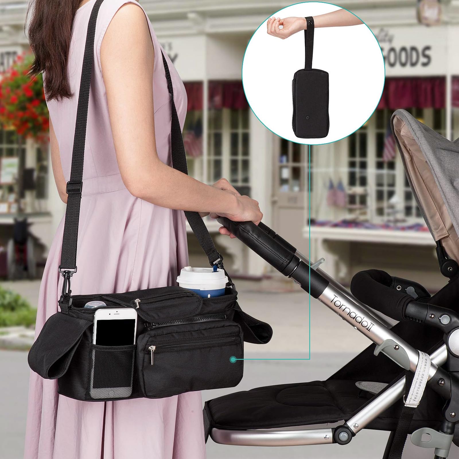 Sac de Rangement Universel pour Poussette, Poussette Organisateur avec Poche zippée, Grande Capacité Organisateur de Buggy Pour Poussette avec Porte-Bouteilles Isolés, Noir