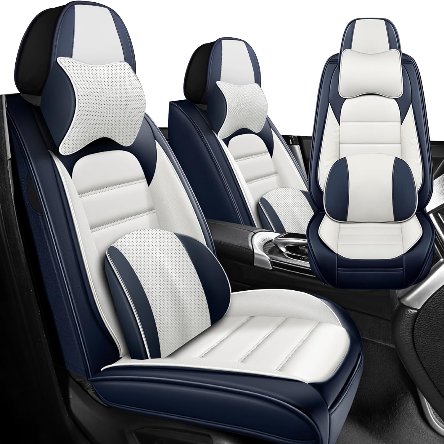 Luxury Car Seat Covers,Waterproof Soft Breathable PU Leather Seat Cover with Storage Pockets,Fits 95% of Vehicles(Blue&White,Front Set with Pillow)