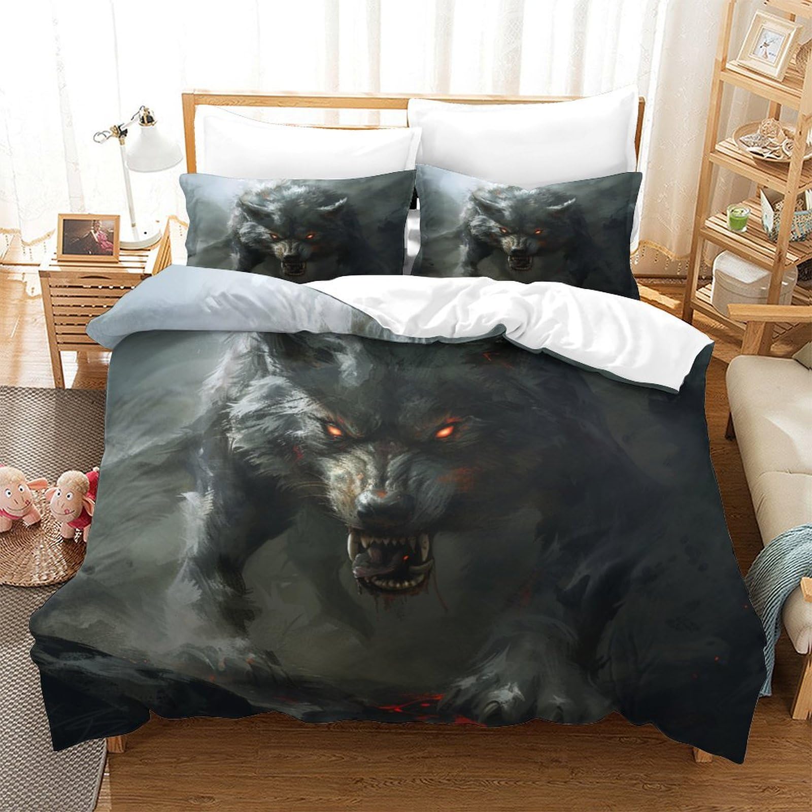Parure de lit loup imprimé 3D avec housse de couette super king 260x220 cm et taies