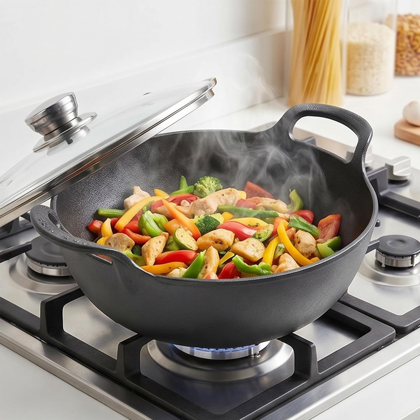 Wok aus Gusseisen mit Doppelgriff und Glasdeckel, Geschenk Antihaft Grillpfanne, Küchen Cookare Topf, Bratpfannen Backen, Grillen und Sautieren