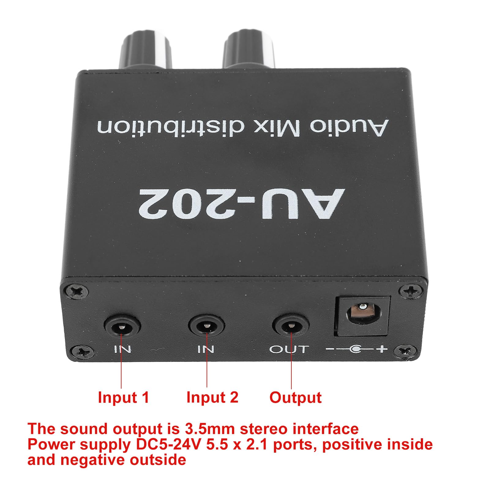 Mezclador Est¨¦reo 2 Canales, Entradas y Salidas 3,5 mm, Control Volumen Independiente, Bajo Ruido, Compatible con Auriculares, Alimentaci¨®n DC 5-24V