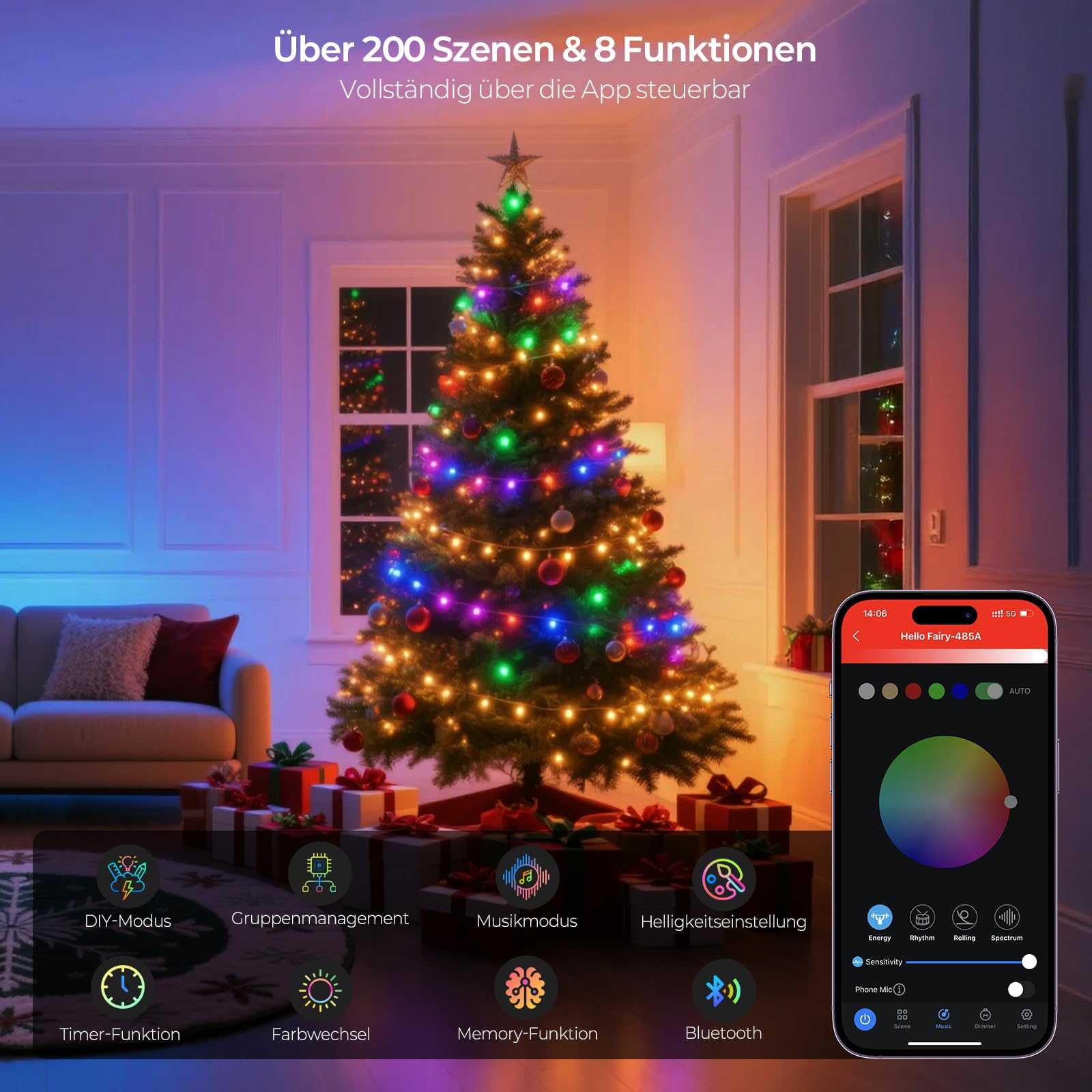 YAYZA! Smarte Lichterkette Weihnachtsbaum 20m, 200 LED Weihnachtsbeleuchtung mit 16 Mio RGB Farben per App & Fernbedienung, Christbaumbeleuchtung für Innen & Außen, IP44 für Weihnachten, Party & Deko