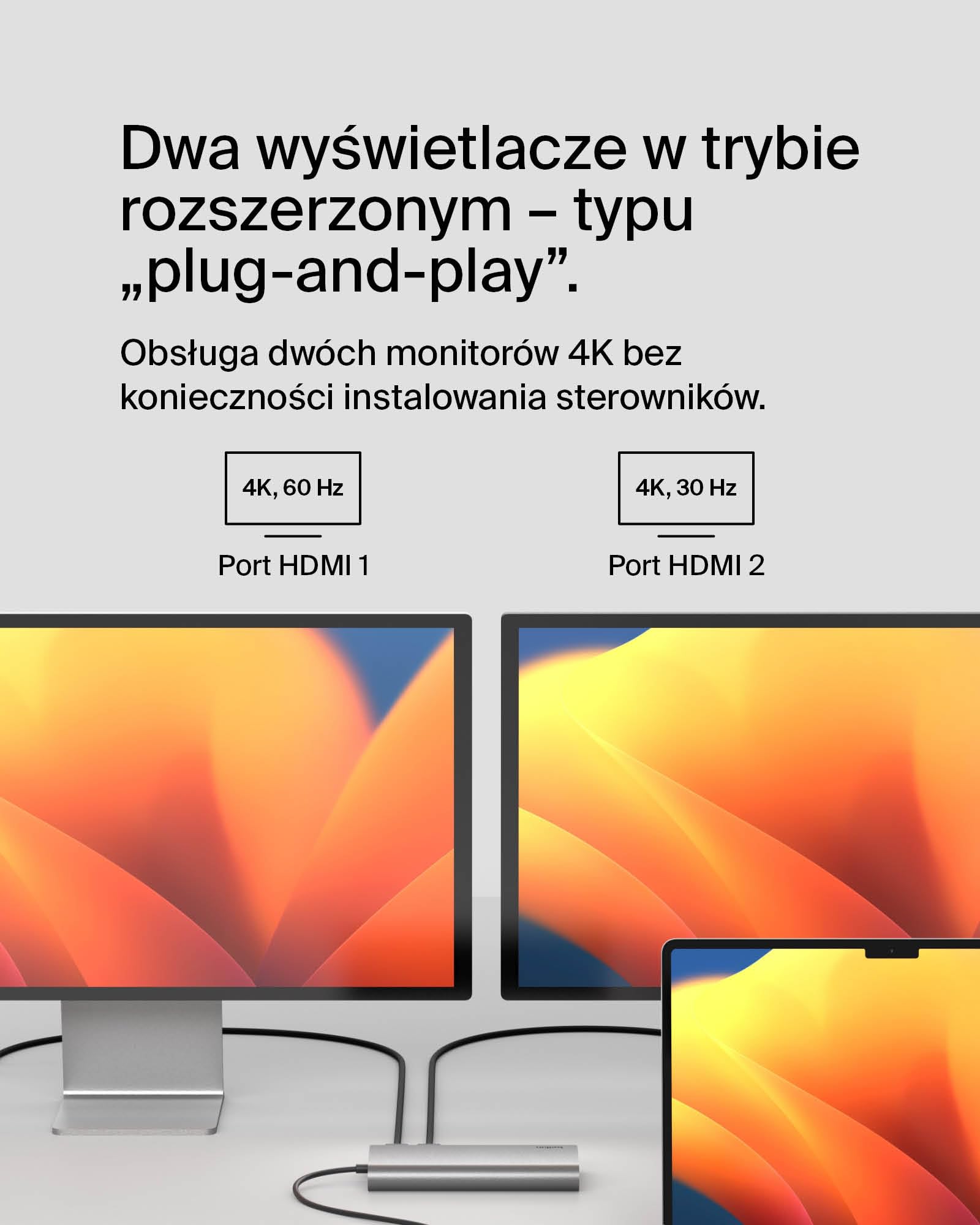Koncentrator USB-C Belkin Connect Core 8 w 1 z obsługą 2 monitorów i technologią Silicon Motion – zgodny z komputerami Mac, Windows i Chromebook – 100 W PD, transfer 10 Gb/s i Ethernet 1 Gb – srebrny