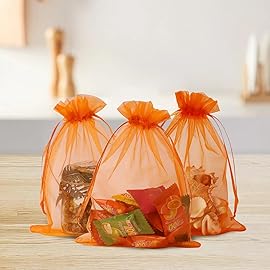 Wudygirl 100PCS 5X7 Inch Organza Bags - Jewelry, Drawstring, Sheer Organza Bags for Halloween, Christmas, Parties, Weddings, Baby Showers (Orange 5X7)