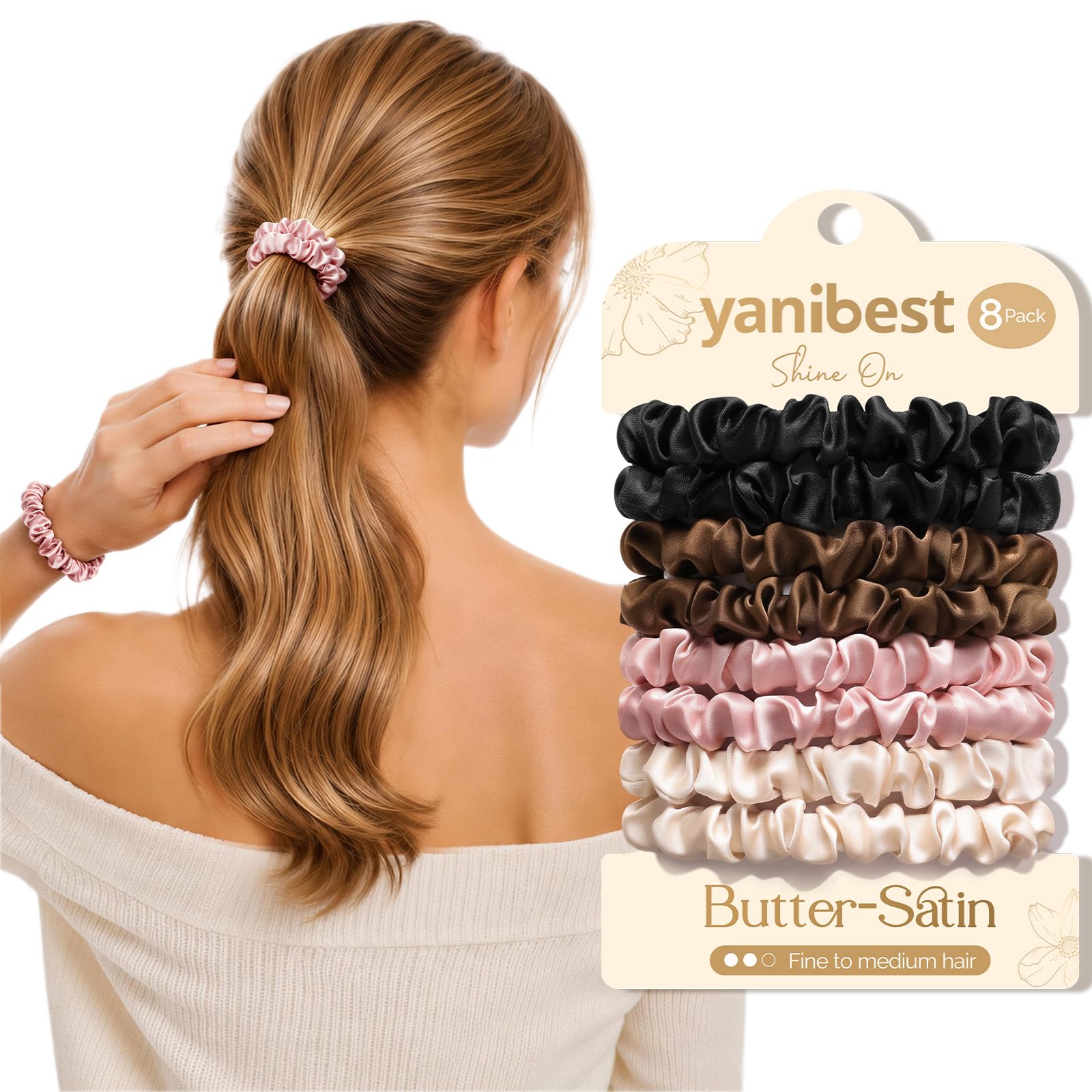 Yanibest 8 Pcs Satin Hair Ties - Thin Hair Scrunchies for Women & Girls OEKO-TEX STANDARD 100