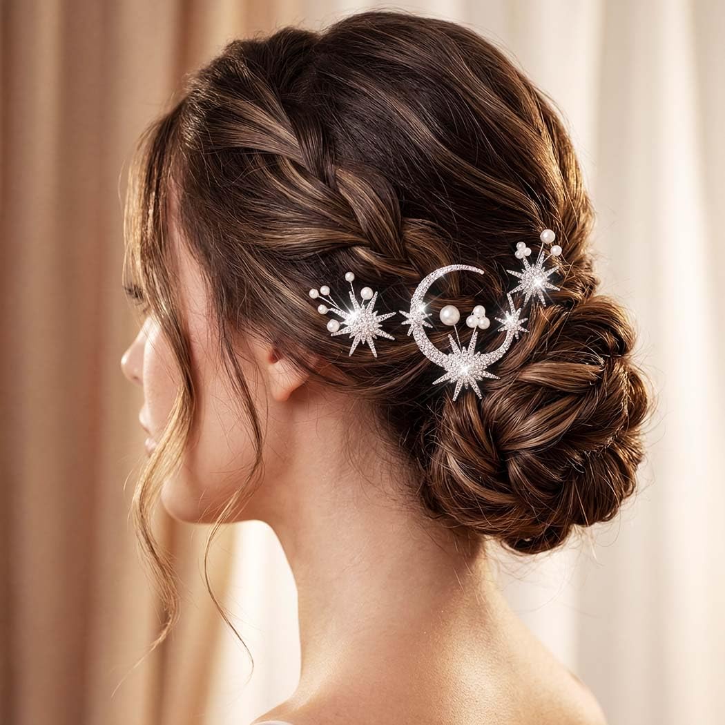 Amazon.com : BARTOSI Moon Star Hair Pins Silver Rhinestone  display picture 3