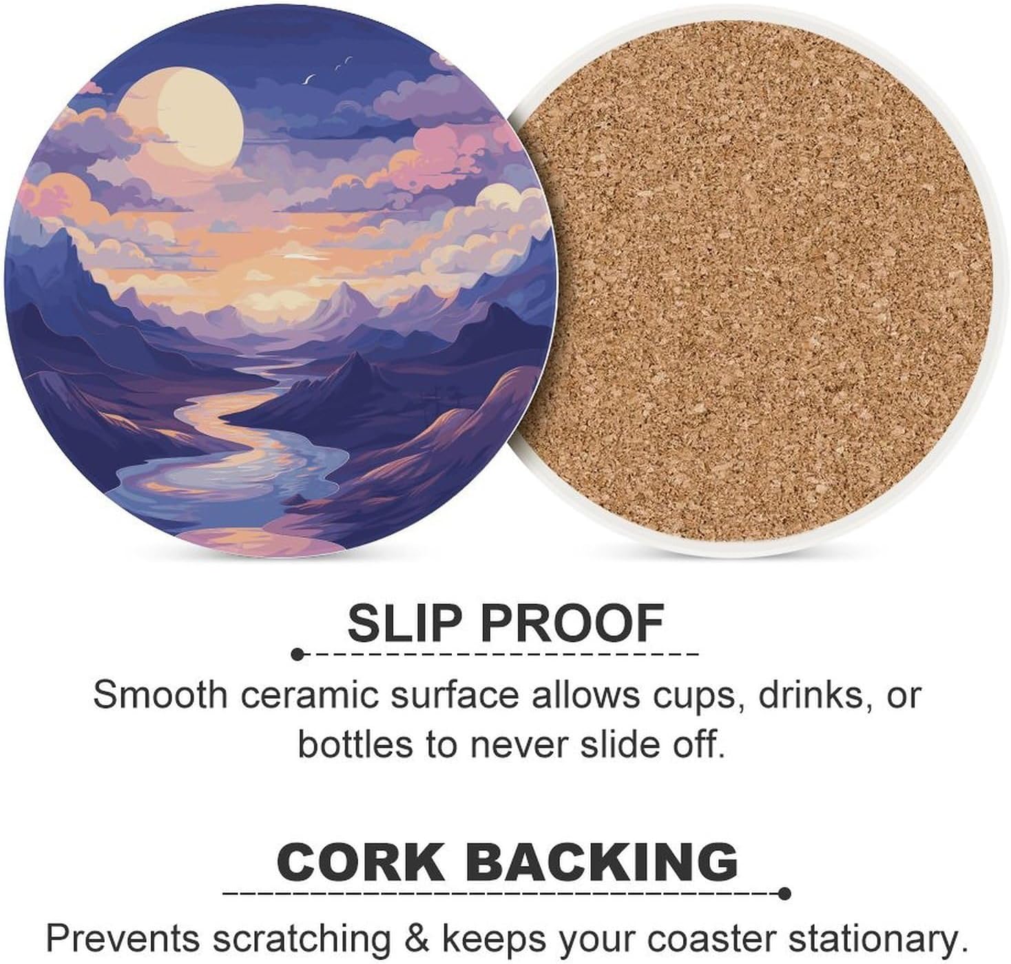 Mountains and Clouds Coasters Round Coasters Set Ceramic Stone Coaster with Cork Base Coffee Cup Beverage Cup Mat Cute Funny Table Drinks Coaster for Mugs and Cups Office Kitchen